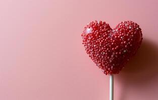 AI generated Red lollipop on a stick in the shape of a heart on a pink background. Holiday, Valentine's day, love. Photorealistic, background with bokeh effect. AI generated. photo