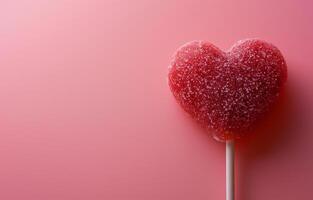 AI generated Red lollipop on a stick in the shape of a heart on a pink background. Holiday, Valentine's day, love. Photorealistic, background with bokeh effect. AI generated. photo