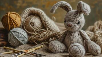 AI generated A handmade knitted bunny with balls of yarn and knitting needles. The concept of manual labor, hobbies, and comfort. Photorealistic, background with bokeh effect. photo