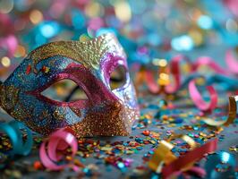 AI generated Beautiful carnival mask on bright shiny colored background, tinsel, sequins, holiday, confetti. New Year's holidays, carnival, birthday. Photorealistic, background with bokeh effect. photo