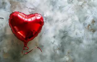 ai generado un rojo brillante globo en el forma de un corazón en gris texturizado fondo, Copiar espacio. día festivo, San Valentín día, amor. fotorrealista, antecedentes con bokeh efecto. ai generado. foto