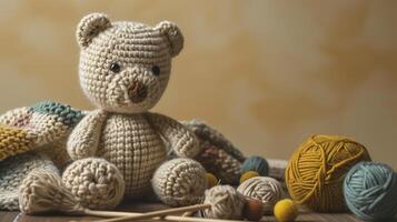 AI generated A handmade knitted teddy bear with balls of yarn and knitting needles. The concept of manual labor, hobbies, and comfort. Photorealistic, background with bokeh effect. photo