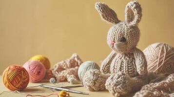 AI generated A handmade knitted bunny with balls of yarn and knitting needles. The concept of manual labor, hobbies, and comfort. Photorealistic, background with bokeh effect. photo