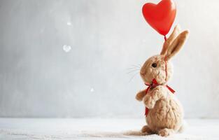 AI generated A cute rabbit toy and red heart-shaped balloon on a grey textured background, copyspace. Holiday, Valentine's day, love. Photorealistic, background with bokeh effect. AI generated. photo