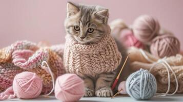 AI generated A handmade cute kitten with balls of yarn and knitting needles. The concept of manual labor, hobbies, and comfort. Photorealistic, background with bokeh effect. photo