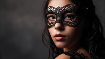 AI generated A young beautiful Latin American woman in a carnival mask. New Year's holidays, carnival, birthday, Venice. Photorealistic, background with bokeh effect. AI generated. photo