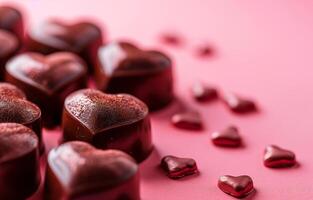 AI generated Heart-shaped chocolates on pink background, copy space. Holiday, Valentine's day, love. Photorealistic, background with bokeh effect. AI generated. photo