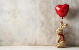 AI generated A cute rabbit toy and red heart-shaped balloon on a grey textured background, copyspace. Holiday, Valentine's day, love. Photorealistic, background with bokeh effect. AI generated. photo