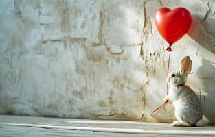 AI generated A grey cute rabbit and red heart-shaped balloon on a grey textured background, copy space. Holiday, Valentine's day, love. Photorealistic, background with bokeh effect. AI generated. photo