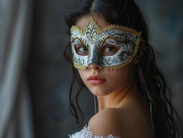 ai generado un joven hermosa latín americano mujer en un carnaval mascarilla. nuevo años vacaciones, carnaval, cumpleaños, Venecia. fotorrealista, antecedentes con bokeh efecto. ai generado. foto