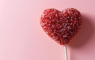 AI generated Red lollipop on a stick in the shape of a heart on a pink background. Holiday, Valentine's day, love. Photorealistic, background with bokeh effect. AI generated. photo