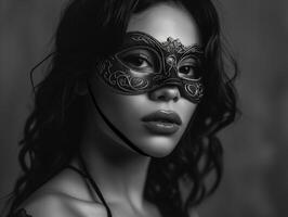 AI generated A young beautiful Latin American woman in a carnival mask. New Year's holidays, carnival, birthday, Venice. Photorealistic, monochrome, background with bokeh effect. AI generated. photo