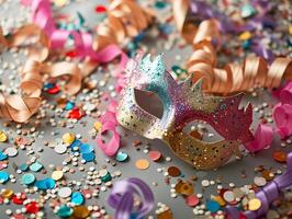 AI generated Beautiful carnival mask on bright shiny colored background, tinsel, sequins, holiday, confetti. New Year's holidays, carnival, birthday. Photorealistic, background with bokeh effect. photo