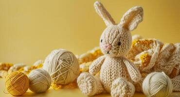 AI generated A handmade knitted bunny with balls of yarn and knitting needles. The concept of manual labor, hobbies, and comfort. Photorealistic, background with bokeh effect. photo