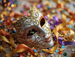 AI generated Beautiful carnival mask on bright shiny colored background, tinsel, sequins, holiday, confetti. New Year's holidays, carnival, birthday. Photorealistic, background with bokeh effect. photo