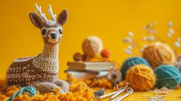 AI generated A handmade knitted fawn with balls of yarn and knitting needles. The concept of manual labor, hobbies, and comfort. Photorealistic, background with bokeh effect. photo