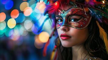 ai generado un joven hermosa latín americano mujer en un carnaval mascarilla. nuevo años vacaciones, carnaval, cumpleaños, Venecia. fotorrealista, antecedentes con bokeh efecto. ai generado. foto