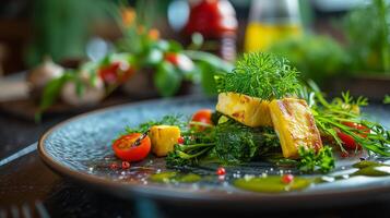 AI generated Vegetarian dish in the style of a gourmet restaurant, close-up on a beautiful plate.  Photorealistic, background with bokeh effect. AI generated. photo