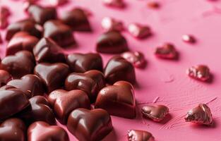 AI generated Heart-shaped chocolates on pink background, copy space. Holiday, Valentine's day, love. Photorealistic, background with bokeh effect. AI generated. photo