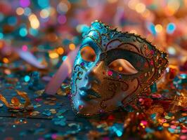 AI generated Beautiful carnival mask on bright shiny colored background, tinsel, sequins, holiday, confetti. New Year's holidays, carnival, birthday. Photorealistic, background with bokeh effect. photo