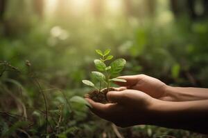 ai generado un verde brote en humano palmas idea de ecológico concepto, ambiental proteccion. tierra día. natural fondo, parque, bosque. fotorrealista, antecedentes con bokeh efecto. foto