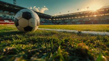 AI generated Full  football arena at sunrise, soccer ball in the stadium, close-up. Football match, football championship, sports. Photorealistic, background with bokeh effect. AI generated. photo