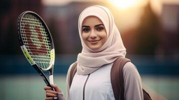ai generado un musulmán joven mujer en un hijab con un tenis raqueta. retrato de un islámico mujer haciendo Deportes en de cerca. fotorrealista antecedentes con bokeh efecto. ai generado. foto
