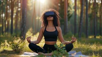 ai generado un joven de piel oscura mujer con oscuro Rizado pelo es haciendo yoga en naturaleza vistiendo virtual realidad lentes. moderno tecnología y sano estilo de vida. ai generado ilustración. foto