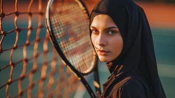 AI generated A Muslim young woman in a hijab with a tennis racket. Portrait of an Islamic woman doing sports in close-up. Photorealistic background with bokeh effect. AI generated. photo