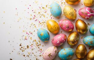 AI generated Colorful Easter eggs with a golden pattern  on a white background. Copy space. Photorealistic, background with bokeh effect. AI generated. photo