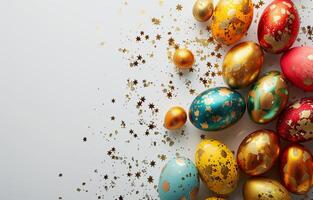 AI generated Colorful Easter eggs with a golden pattern  on a white background. Copy space. Photorealistic, background with bokeh effect. AI generated. photo