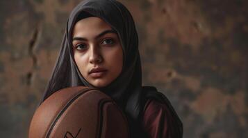 AI generated A Muslim young woman in a hijab with a basketball. Portrait of an Islamic woman doing sports in close-up. Photorealistic background with bokeh effect. AI generated. photo