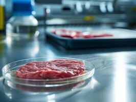 ai generado cultivado en laboratorio carne. carne muestra en vaso taza para célula cultura en laboratorio. concepto de cultivando puro carne en vitro. sintético carne creado artificialmente. fotorrealista foto