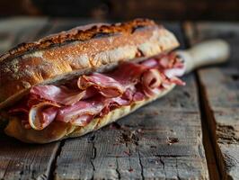 AI generated Sandwich with pieces of dried meat mortadella. Italian snack in close-up.  Photorealistic, background with bokeh effect. AI generated. photo