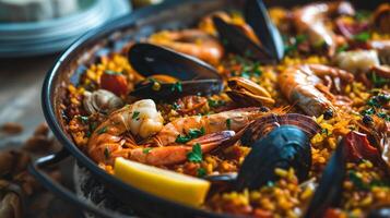 AI generated Delicious traditional traditional paella in a frying pan, seafood, tomatoes. Photorealistic, background with bokeh effect. AI generated. photo