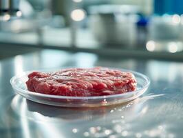 AI generated Lab-Grown Meat. Meat sample in glass cup for cell culture in laboratory. Concept of cultivating pure meat in vitro. Synthetic meat created artificially. Photorealistic. photo