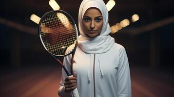 ai generado un musulmán joven mujer en un hijab con un tenis raqueta. retrato de un islámico mujer haciendo Deportes en de cerca. fotorrealista antecedentes con bokeh efecto. ai generado. foto