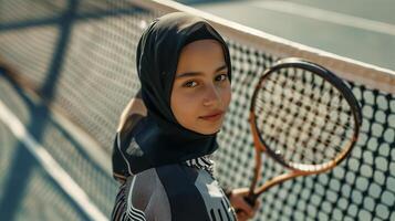 AI generated A Muslim young woman in a hijab with a tennis racket. Portrait of an Islamic woman doing sports in close-up. Photorealistic background with bokeh effect. AI generated. photo