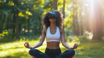 ai generado un joven de piel oscura mujer con oscuro Rizado pelo es haciendo yoga en naturaleza vistiendo virtual realidad lentes. moderno tecnología y sano estilo de vida. ai generado ilustración. foto