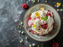 AI generated Dessert with meringue, cake, pie decorated with meringue, berries, flowers. Top view, a place to copy. Photorealistic. AI generated.. photo