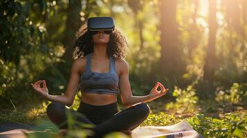 ai generado un joven de piel oscura mujer con oscuro Rizado pelo es haciendo yoga en naturaleza vistiendo virtual realidad lentes. moderno tecnología y sano estilo de vida. ai generado ilustración. foto