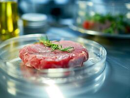 ai generado cultivado en laboratorio carne. carne muestra en vaso taza para célula cultura en laboratorio. concepto de cultivando puro carne en vitro. sintético carne creado artificialmente. fotorrealista foto