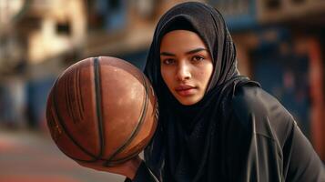 AI generated A Muslim young woman in a hijab with a basketball. Portrait of an Islamic woman doing sports in close-up. Photorealistic background with bokeh effect. AI generated. photo