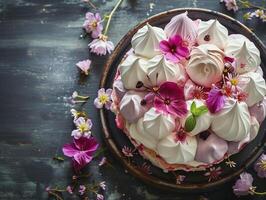 AI generated Dessert with meringue, cake, pie decorated with meringue and flowers. Top view, a place to copy. Photorealistic. AI generated. photo