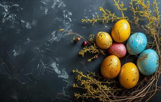 AI generated Colorful Easter eggs with a golden pattern and branches on a dark background. Copy space. Photorealistic, background with bokeh effect. AI generated. photo