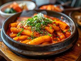 AI generated Tteokbokki on the plate on wooden table. Oriental cuisine. Korean dish in close-up. Photorealistic. AI generated. photo
