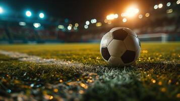 AI generated Full night football arena in lights, soccer ball in the stadium, close-up. Football match, football championship, sports. Photorealistic, background with bokeh effect. AI generated. photo