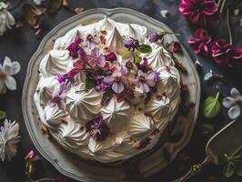 AI generated Dessert with meringue, cake, pie decorated with meringue and flowers. Top view, a place to copy. Photorealistic. AI generated. photo