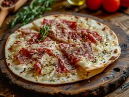 AI generated Italian dried meat mortadella, Italian pizza with mortadella, herbs and tomatoes on wooden plate. Food illustration. Photorealistic, background with bokeh effect. AI generated. photo