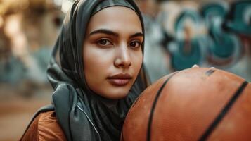 AI generated A Muslim young woman in a hijab with a basketball. Portrait of an Islamic woman doing sports in close-up. Photorealistic background with bokeh effect. AI generated. photo